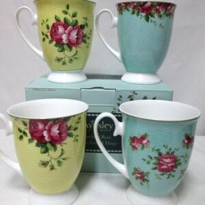 AYNSLEY Archive Rose footed Mugs Cups floral yellow blue Footed Fine China NEW